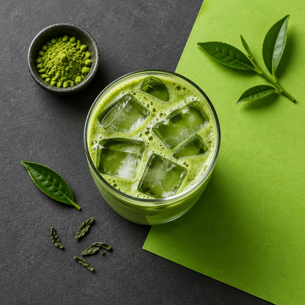 Illustrative ad image of an iced matcha drink on a charcoal and green background
